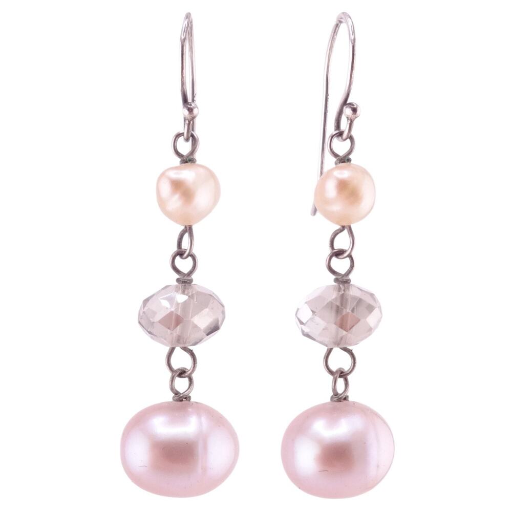 Cream & Pink Pearls with Clear Crystal Sterling Silver Hook Earrings 1 3/4" NWOT